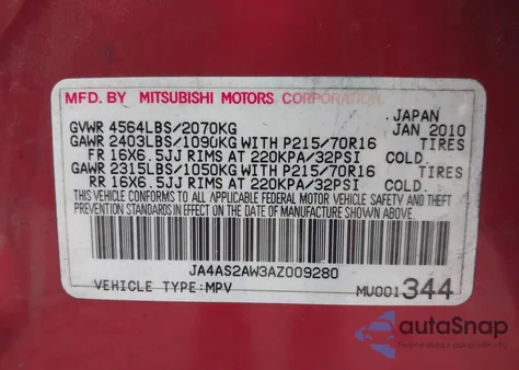 2010 Mitsubishi Outlander Es z USA, uszkodzony, nr VIN JA4AS2AW3AZ009280